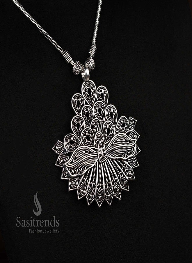 Sasitrends Oxidized German Silver Peacock Pendant Chain Necklace for Women and Girls - Image 3