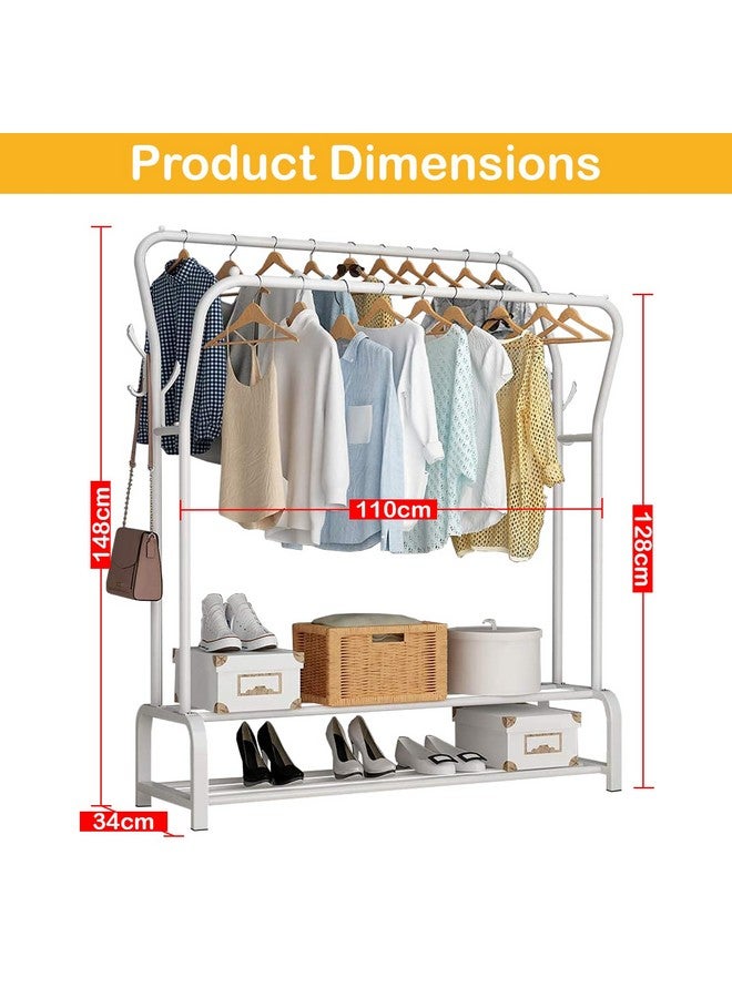 Lukzer Heavy-Duty Metal Cloth Stand | Double Pole Garment Rack with 2 Bottom Shelves & Side Hook | Freestanding Clothes Organizer for Bedroom, Living Room & Entryway (White, 34x110x148 cm, MGS-003) - Image 2