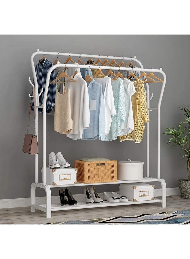 Lukzer Heavy-Duty Metal Cloth Stand | Double Pole Garment Rack with 2 Bottom Shelves & Side Hook | Freestanding Clothes Organizer for Bedroom, Living Room & Entryway (White, 34x110x148 cm, MGS-003) - Image 1