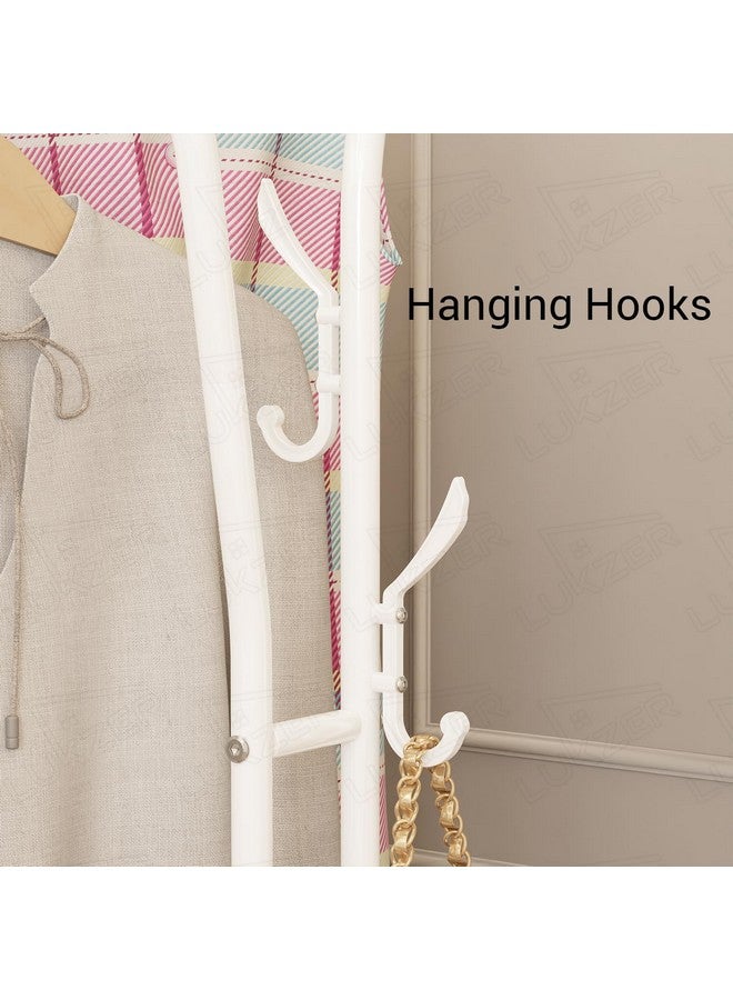 Lukzer Heavy-Duty Metal Cloth Stand | Double Pole Garment Rack with 2 Bottom Shelves & Side Hook | Freestanding Clothes Organizer for Bedroom, Living Room & Entryway (White, 34x110x148 cm, MGS-003) - Image 5