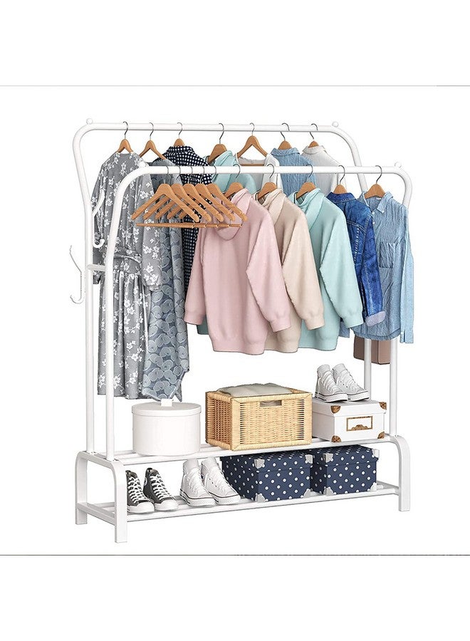Lukzer Heavy-Duty Metal Cloth Stand | Double Pole Garment Rack with 2 Bottom Shelves & Side Hook | Freestanding Clothes Organizer for Bedroom, Living Room & Entryway (White, 34x110x148 cm, MGS-003) - Image 3