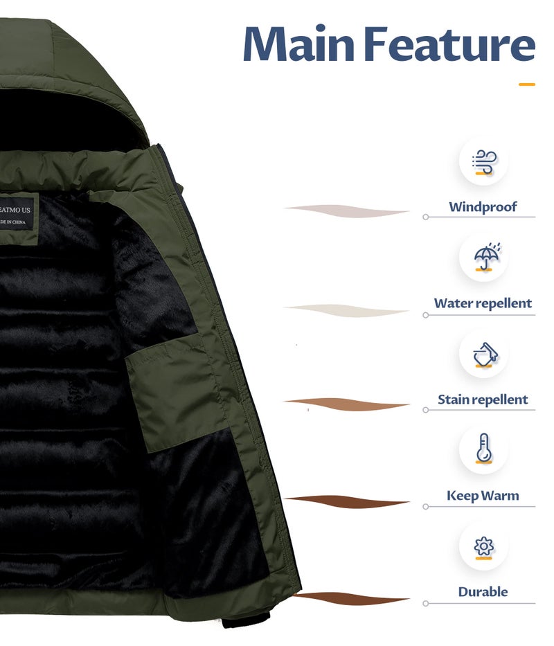 CREATMO US Puffy Jackets for Men Bubble Jacket Heavyweight Hooded Puffer Coat Army Green Medium - Image 3