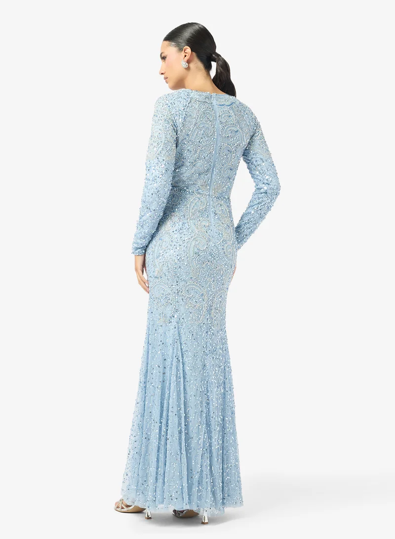 MARYISA Embellished Long Sleeve Sequin Maxi Dress