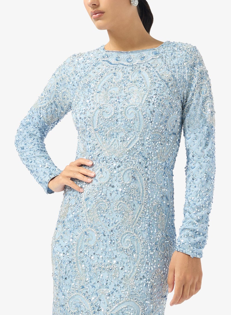 MARYISA Embellished Long Sleeve Sequin Maxi Dress - Image 4