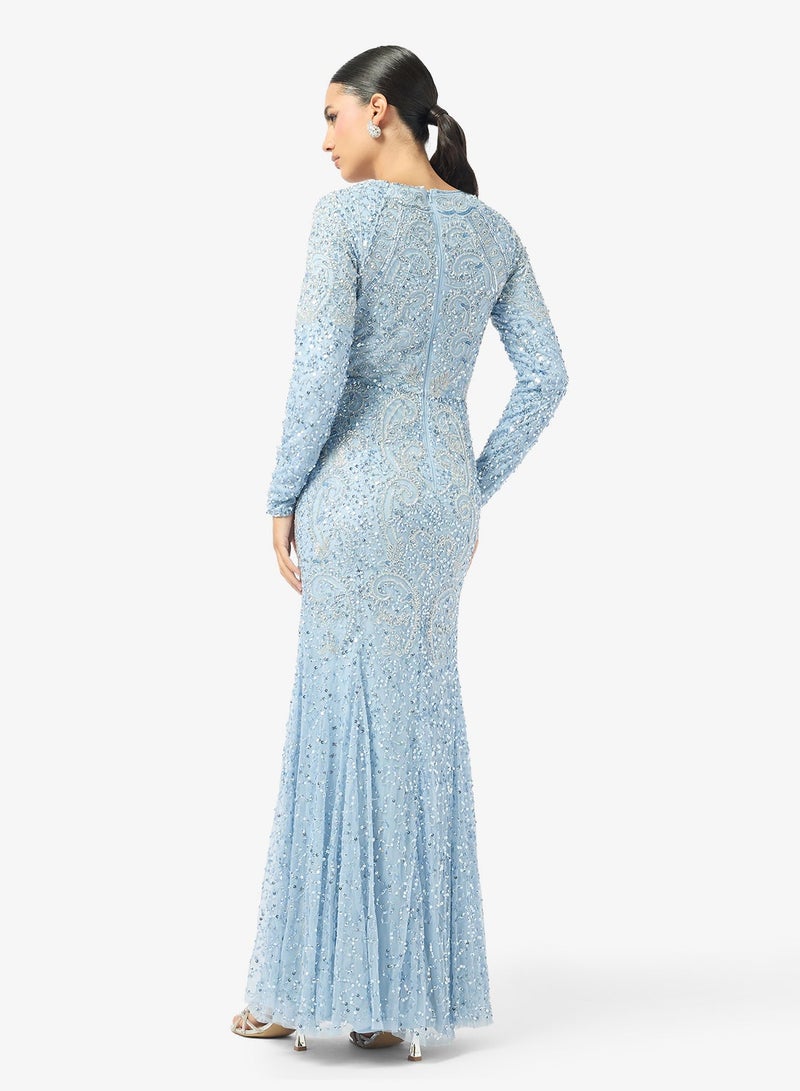 MARYISA Embellished Long Sleeve Sequin Maxi Dress - Image 3