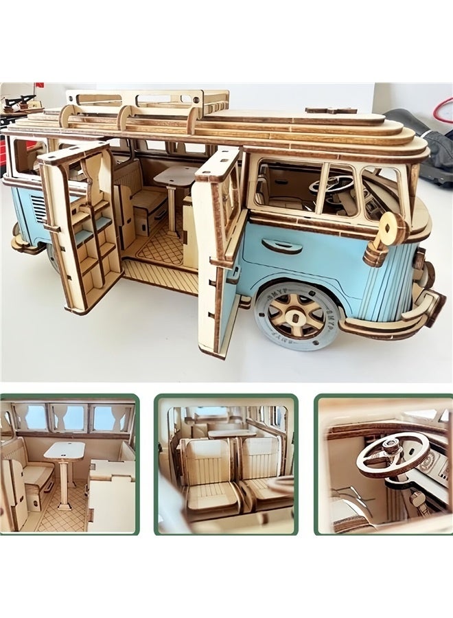 3D Camping Car Wooden Puzzle Model Toy Car Children's Creative Education Toy Home Decoration DIY Assembly Car Model (Blue) - Image 4