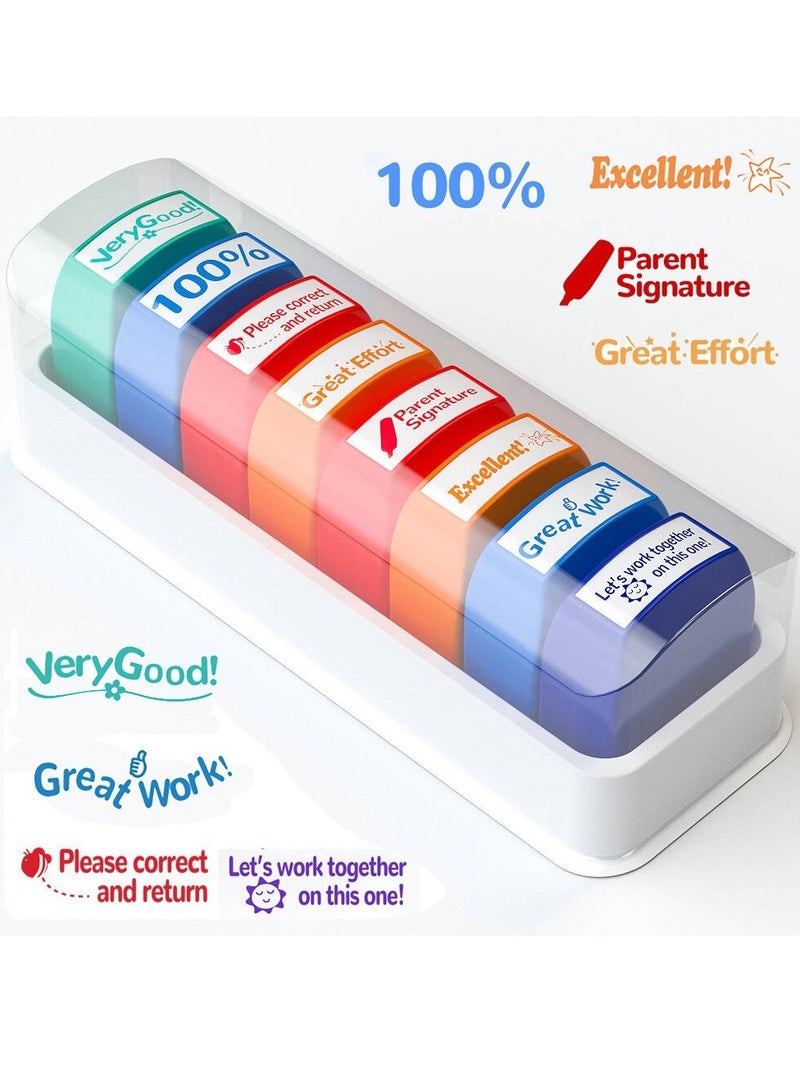 Bukela 8Pcs Teacher Stamps for Grading Classroom Teacher Supplies Self-inking Motivational Encouraging Comments Colorful Stamp Set for Parent Signature School Teacher Review Homework Reward with Tray(English Version) - Image 1