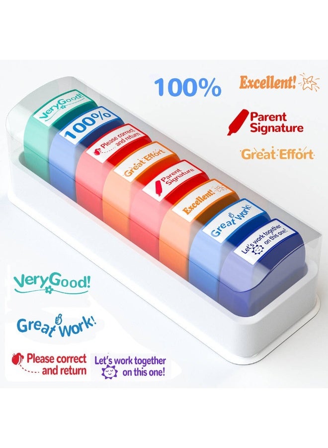 Bukela 8Pcs Teacher Stamps for Grading Classroom Teacher Supplies Self-inking Motivational Encouraging Comments Colorful Stamp Set for Parent Signature School Teacher Review Homework Reward with Tray(English Version) - Image 4