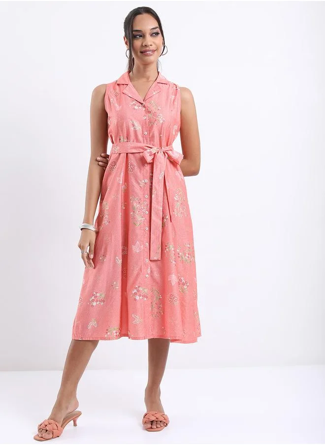 فيشود Vishudh Floral Printed Tie Up Detail A-Line Midi Dress