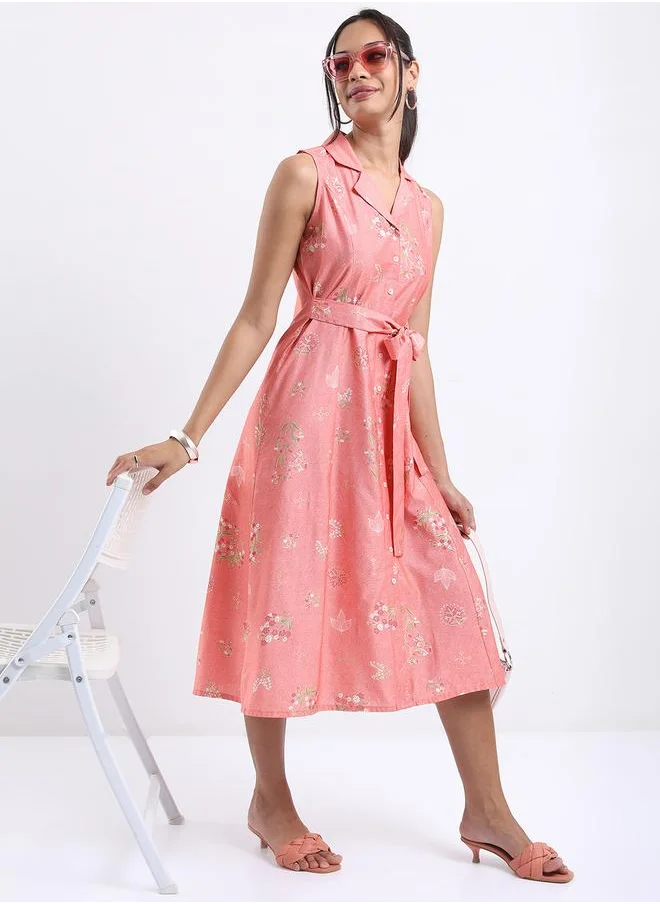 فيشود Vishudh Floral Printed Tie Up Detail A-Line Midi Dress