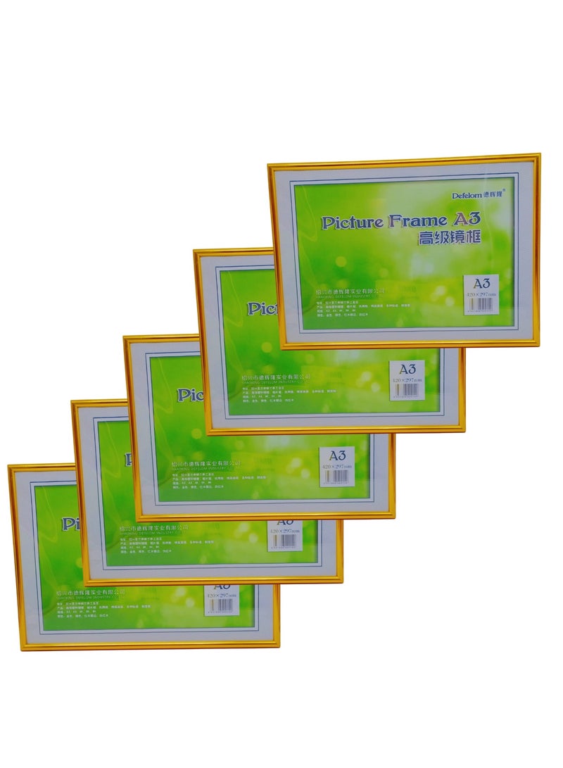 ديفيلوم إطار صورة A3 (مجموعة من 5 قطع - ذهبي)، عرض الصور 11.7 × 16.5 بوصة (29.7 × 42 سم) إطار صورة "زجاجي" أمان من الأكريليك II إطار صورة للتعليق على الحائط أو التثبيت على الحائط أفقيًا أو رأسيًا - Image 1