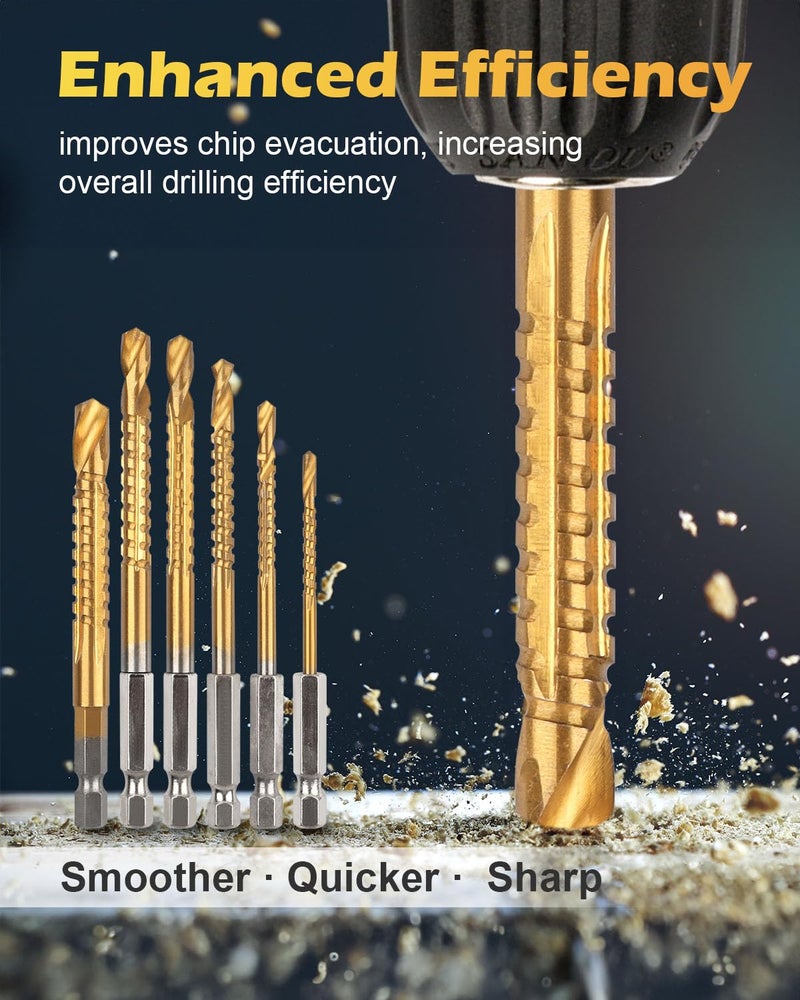 AOKLIT 6 Pack Titanium Coated HSS Twist Drill Bit, 3-8mm Hex Shank Serrated Cutting Drill Bit Woodworking Tools for Wood Metal Plastic Hole - Image 4