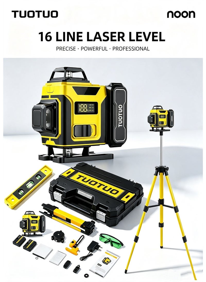 TUOTUO 16-line 4D laser level with finely adjustable horizontal and vertical laser lines, includes 2 rechargeable batteries, remote control, portable toolbox, magnetic rotating stand, and safety goggles. - Image 1