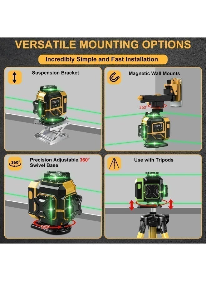TUOTUO 16-line 4D laser level with finely adjustable horizontal and vertical laser lines, includes 2 rechargeable batteries, remote control, portable toolbox, magnetic rotating stand, and safety goggles. - Image 5