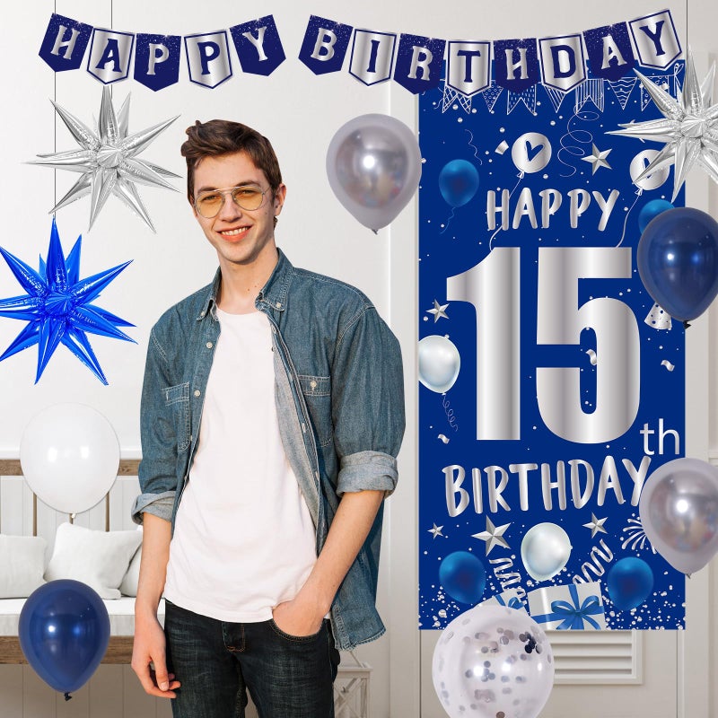 Pounira 15th Birthday Decorations for Boys Girls, Blue Happy 15th Birthday Decorations Boy 15 Birthday Door Banner, 15 Year Old Boy Bday Party Decor with Tablecloth Foil Backdrop Star Balloons for 15th Boys - Image 5