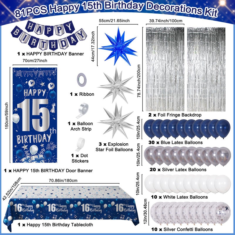 Pounira 15th Birthday Decorations for Boys Girls, Blue Happy 15th Birthday Decorations Boy 15 Birthday Door Banner, 15 Year Old Boy Bday Party Decor with Tablecloth Foil Backdrop Star Balloons for 15th Boys - Image 3