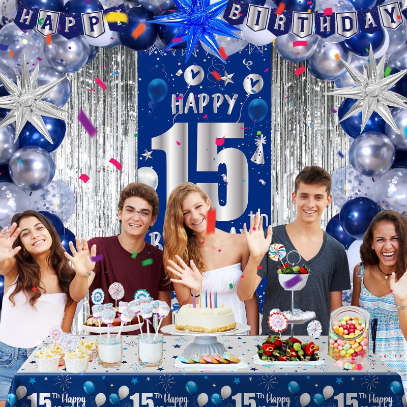 Pounira 15th Birthday Decorations for Boys Girls, Blue Happy 15th Birthday Decorations Boy 15 Birthday Door Banner, 15 Year Old Boy Bday Party Decor with Tablecloth Foil Backdrop Star Balloons for 15th Boys - Image 2