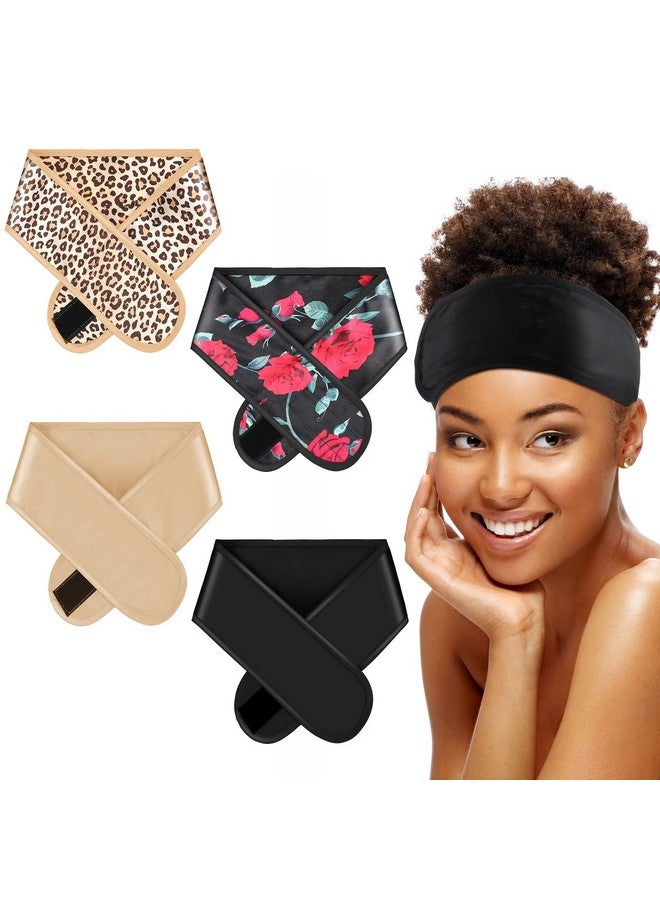Eurzom 4 Pieces Satin Hair Wrap Scarf Satin Headband For Black Women'S Hair Adjustable Silk Hair Wraps For Sleeping Nonslip Strips (Black Champagneleopard Print Flower)  - Image 2