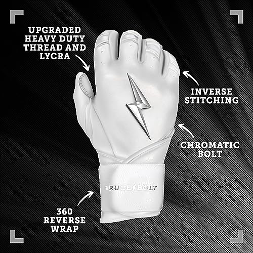 BRUCE BOLT Chrome Series Long Cuff White Batting Glove - White Medium - Image 2