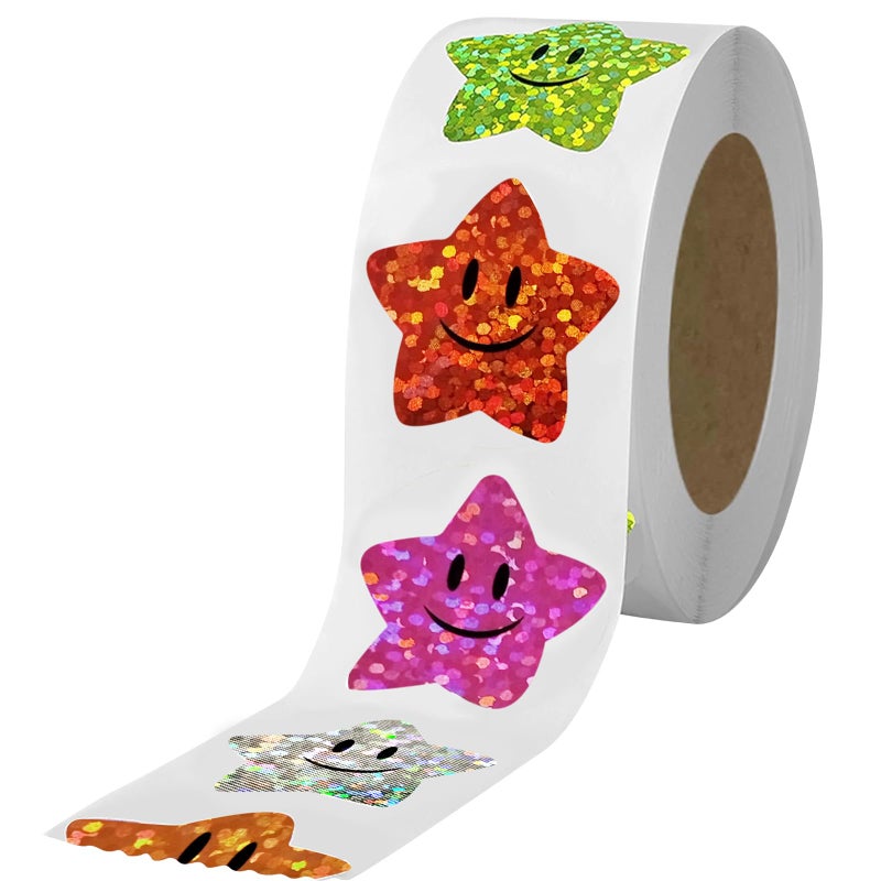 XITDW 700Pcs Smiley Face Star Stickers for Kids Reward,1inch 8 Colored Sparkly Foil Star Stickers for Student Planner and School Classroom Teacher Supplies 3.15inch in Diameter per roll(8cm) - Image 1