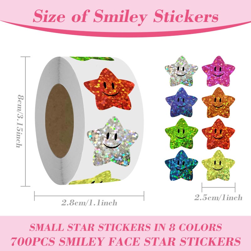 XITDW 700Pcs Smiley Face Star Stickers for Kids Reward,1inch 8 Colored Sparkly Foil Star Stickers for Student Planner and School Classroom Teacher Supplies 3.15inch in Diameter per roll(8cm) - Image 2