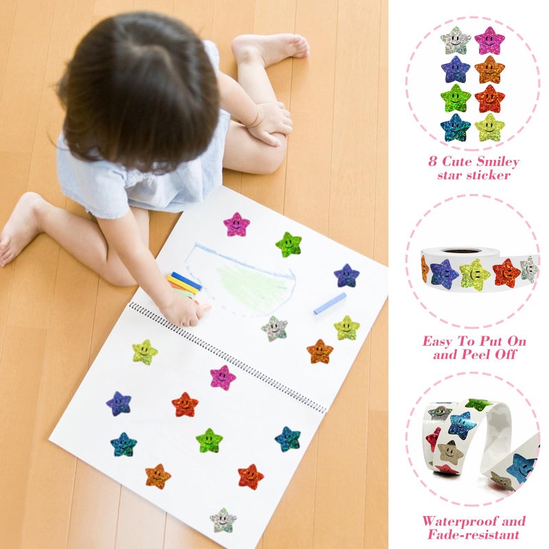 XITDW 700Pcs Smiley Face Star Stickers for Kids Reward,1inch 8 Colored Sparkly Foil Star Stickers for Student Planner and School Classroom Teacher Supplies 3.15inch in Diameter per roll(8cm) - Image 4