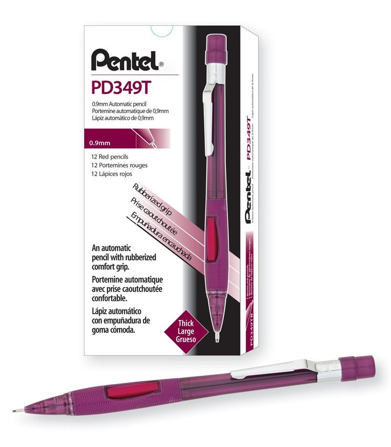 Pentel قلم رصاص أوتوماتيكي بنتل كويكر كليكر، حجم رأس 0.9 مم، أسطوانة حمراء شفافة، علبة من 12 (PD349TB) - Image 1