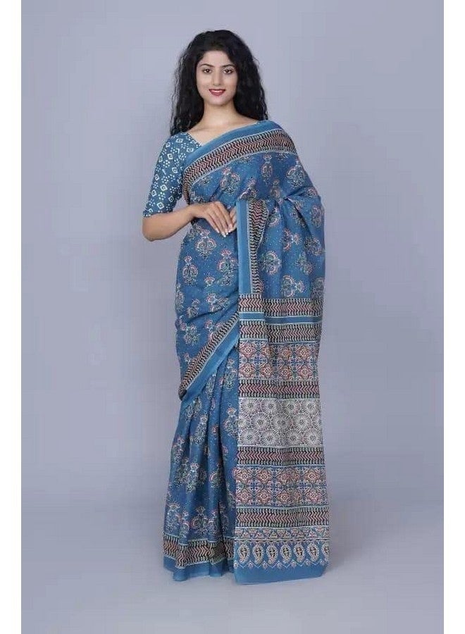 Kiaaron Handicrafts Jaipuri Ikat Hand Block Print Women's Cotton Mulmul Saree with Blouse Piece -Blue_0083 - Image 2