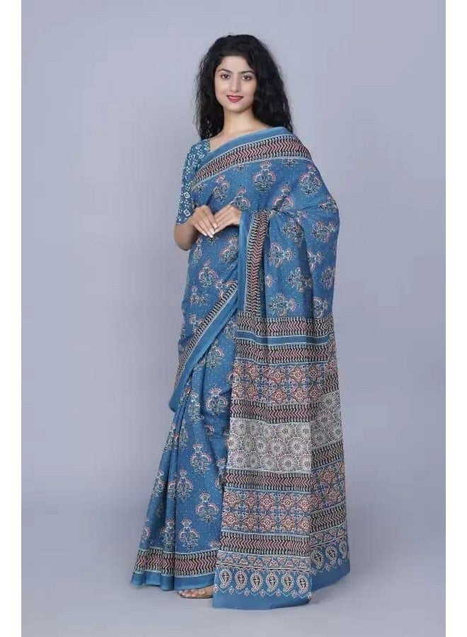 Kiaaron Handicrafts Jaipuri Ikat Hand Block Print Women's Cotton Mulmul Saree with Blouse Piece -Blue_0083 - Image 5