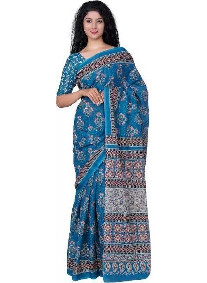Kiaaron Handicrafts Jaipuri Ikat Hand Block Print Women's Cotton Mulmul Saree with Blouse Piece -Blue_0083 - Image 1