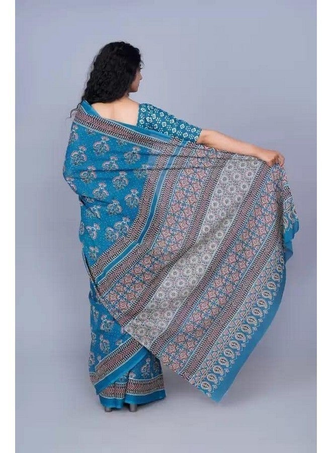 Kiaaron Handicrafts Jaipuri Ikat Hand Block Print Women's Cotton Mulmul Saree with Blouse Piece -Blue_0083 - Image 3
