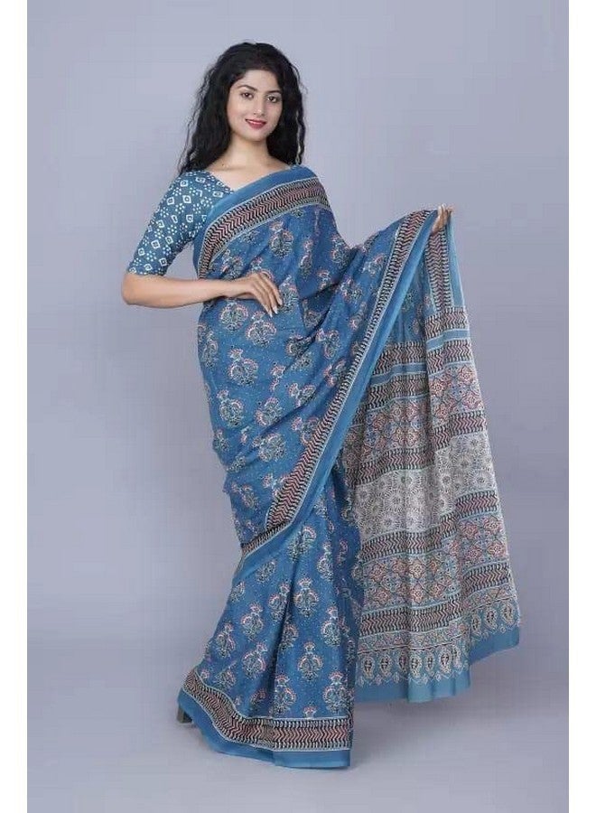 Kiaaron Handicrafts Jaipuri Ikat Hand Block Print Women's Cotton Mulmul Saree with Blouse Piece -Blue_0083 - Image 4