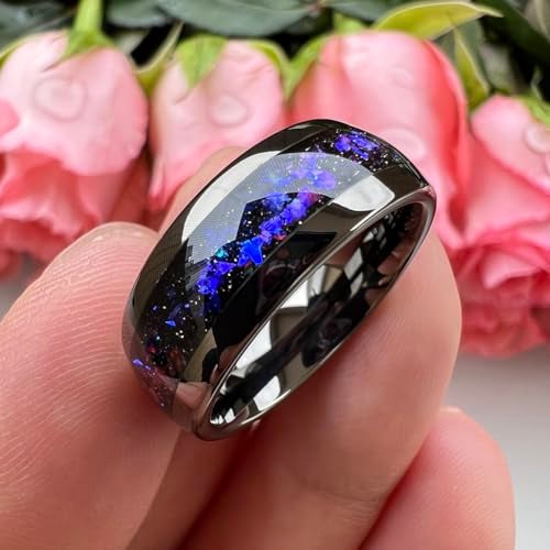 TUTISS 8mm Gunmetal Tungsten Rings for Men Women Orion Nebula Opal Galaxy Fragment Inlay Fashion Jewelry Engagement Wedding Promise Band Polished Shiny Comfort Fit Size 9 - Image 4