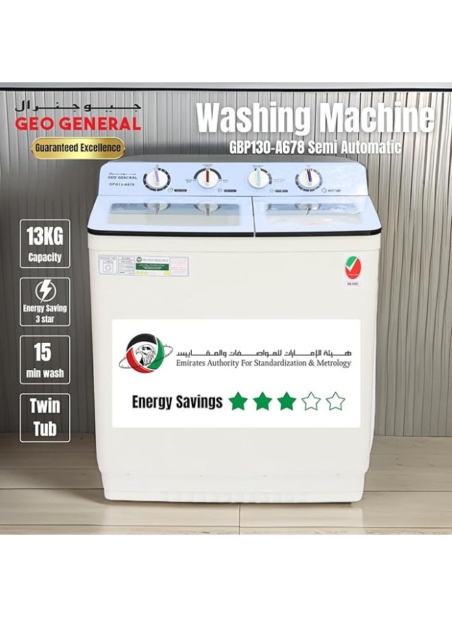 GEO GENERAL GEO GENERAL GBP130-A678 Semi-Automatic Washing Machine – 13KG Wash Capacity, Twin Tub, Powerful Spin, 220–240V, 50/60Hz, Durable & Energy Efficient - Image 3