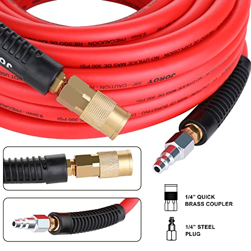 JOROY Hybrid Air Hose, 3/8-Inch by 100 Feet Air compressor Hose,Heavy Duty, Lightweight, Kink Resistant, All-Weather Flexibility with 1/4-Inch Brass Air Coupler and Plug, 300 PSI - Image 4