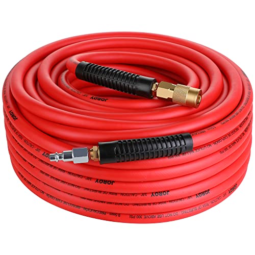 JOROY Hybrid Air Hose, 3/8-Inch by 100 Feet Air compressor Hose,Heavy Duty, Lightweight, Kink Resistant, All-Weather Flexibility with 1/4-Inch Brass Air Coupler and Plug, 300 PSI - Image 1