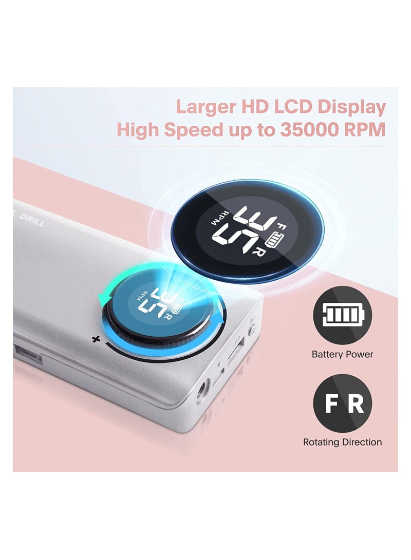 Electric Nail Drill, Professional Manicure Pedicure Kit, Cordless Electric Nail File Set, 35000RPM High-Speed Professional Portable Nail File Kit for Acrylic Gel Nails Manicure Pedicure Polishing Cuticle and Home Salon Use, Silver - Image 2