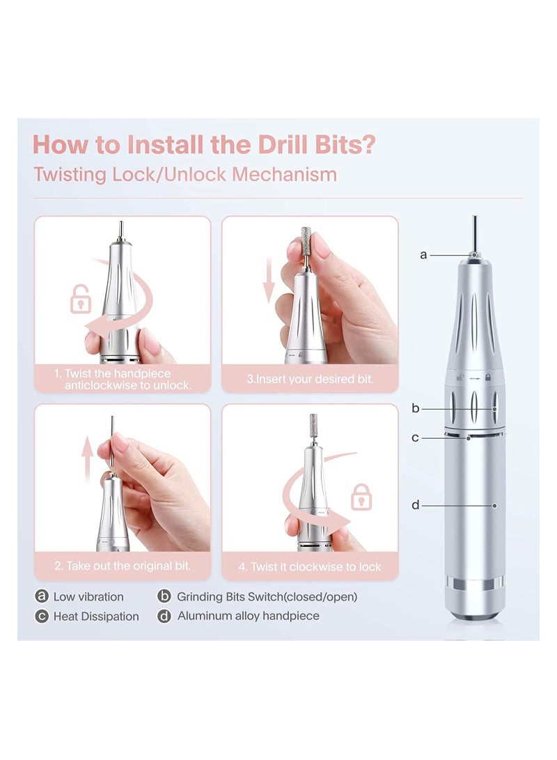 Electric Nail Drill, Professional Manicure Pedicure Kit, Cordless Electric Nail File Set, 35000RPM High-Speed Professional Portable Nail File Kit for Acrylic Gel Nails Manicure Pedicure Polishing Cuticle and Home Salon Use, Silver - Image 4