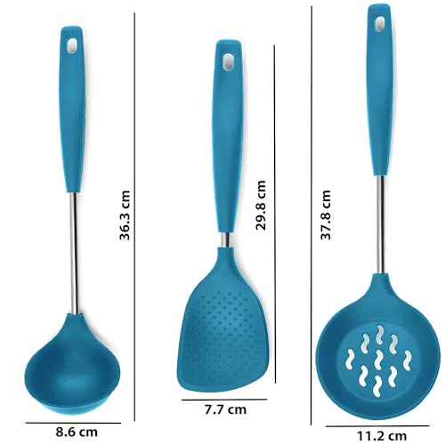WOODTULA Ladle Set for Kitchen Dosa Ladle Steel Noodle Spatula Pasta Server Skimmer Spoon for Frying Kadchi Steel Karandi for Cooking Rice Spoons Cooking Spoon Set for Kitchen (Set of 3, Blue) - Image 2