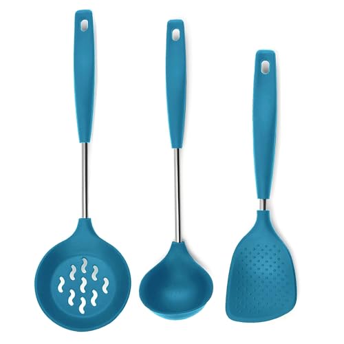 WOODTULA Ladle Set for Kitchen Dosa Ladle Steel Noodle Spatula Pasta Server Skimmer Spoon for Frying Kadchi Steel Karandi for Cooking Rice Spoons Cooking Spoon Set for Kitchen (Set of 3, Blue) - Image 1