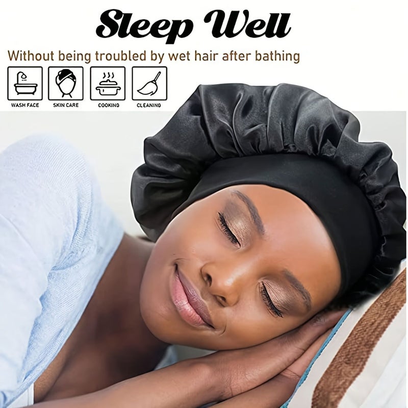 9 Pieces Women Satin Sleep Hair Bonnet Set With Wide Brim Stretch Design 1 Hair Bonnet 1 Earplug Case 2 Pairs Earplugs 5 Hair Ties Breathable Hair Care Cap Soft Smooth Reduces Frizz - Image 4