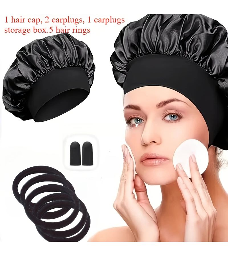 9 Pieces Women Satin Sleep Hair Bonnet Set With Wide Brim Stretch Design 1 Hair Bonnet 1 Earplug Case 2 Pairs Earplugs 5 Hair Ties Breathable Hair Care Cap Soft Smooth Reduces Frizz - Image 1
