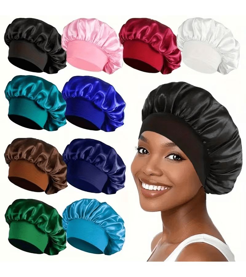 9 Pieces Women Satin Sleep Hair Bonnet Set With Wide Brim Stretch Design 1 Hair Bonnet 1 Earplug Case 2 Pairs Earplugs 5 Hair Ties Breathable Hair Care Cap Soft Smooth Reduces Frizz - Image 2