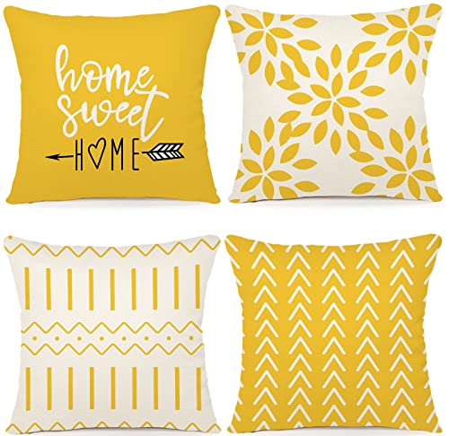 YCOLL Pillow Covers 18x18 Set of 4, Modern Sofa Throw Pillow Cover, Decorative Home Outdoor Linen Fabric Geometric Pillow Case for Couch Bed Car, Yellow - Image 1