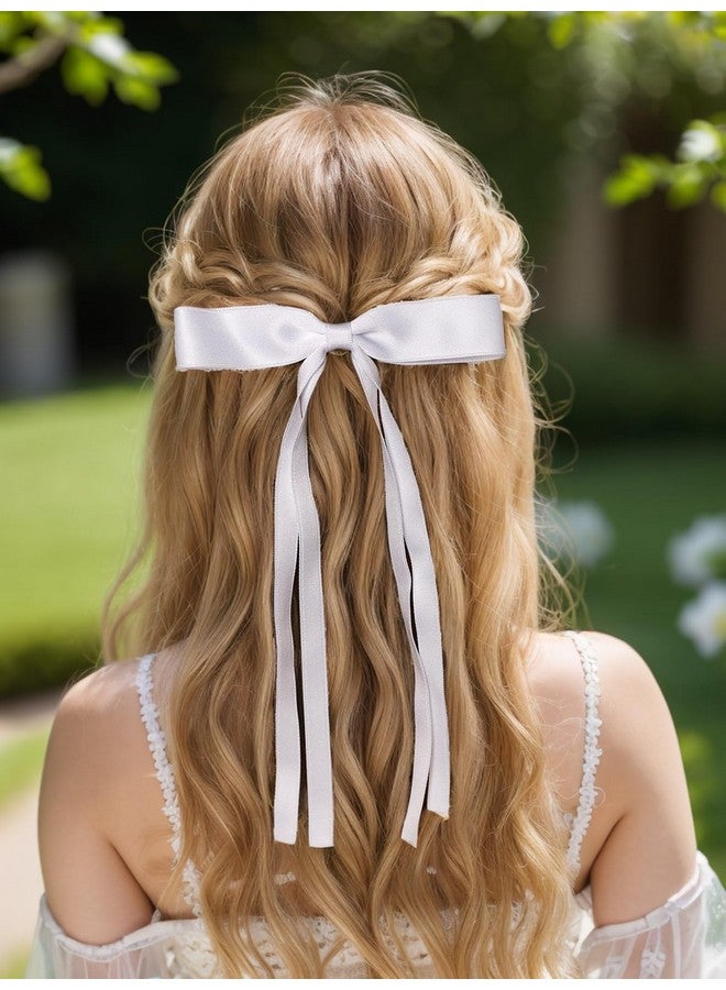 LFOUVRE Hair Clips With Tassel Ribbon Bowknot And Long Tail For Women - Solid Barrettes In Navy, White, Light Blue And Green - Image 3