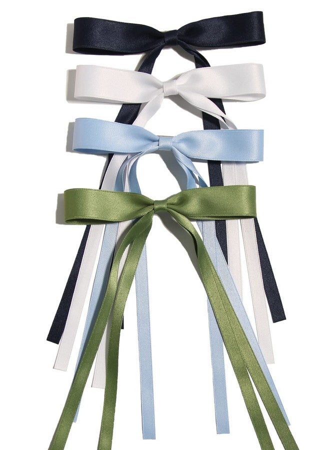 LFOUVRE Hair Clips With Tassel Ribbon Bowknot And Long Tail For Women - Solid Barrettes In Navy, White, Light Blue And Green - Image 1