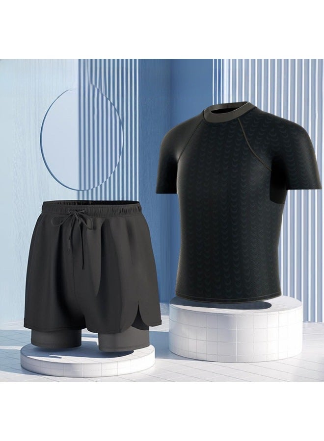 Loquat Swimming Trunks Men's Anti-embarrassment Loose Quick-drying Men's Swimming Trunks Flat-angle Swimsuit Suit Beach Pants Hot Spring Swimming Equipment-Color:Black Vest Top- - Image 2