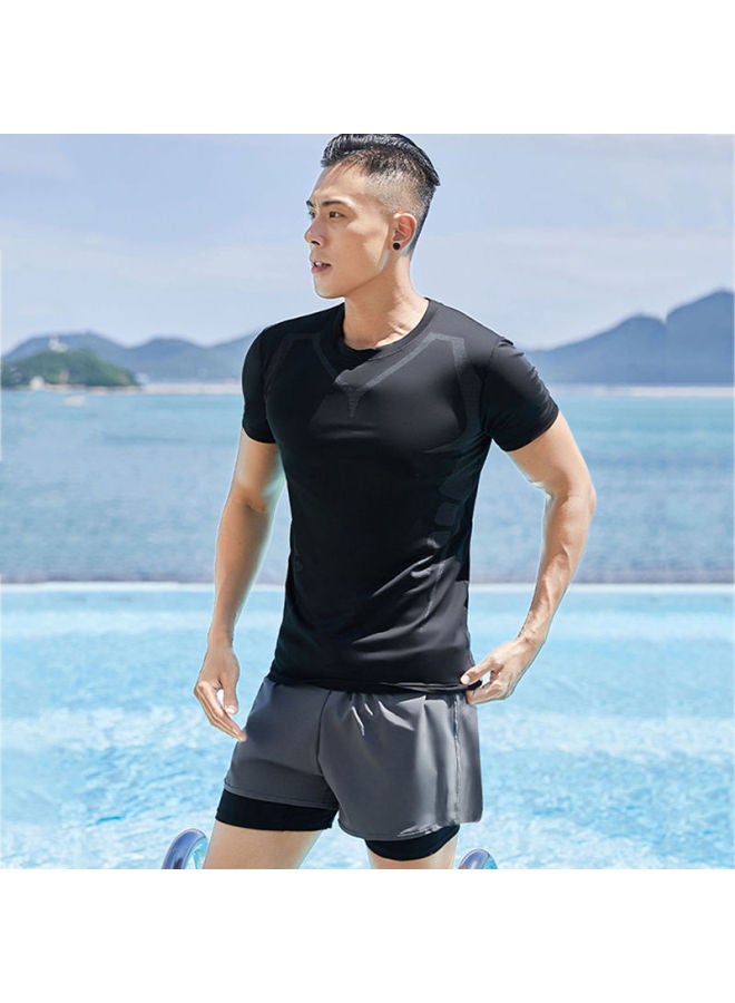 Loquat Swimming Trunks Men's Anti-embarrassment Loose Quick-drying Men's Swimming Trunks Flat-angle Swimsuit Suit Beach Pants Hot Spring Swimming Equipment-Color:Black Vest Top- - Image 5