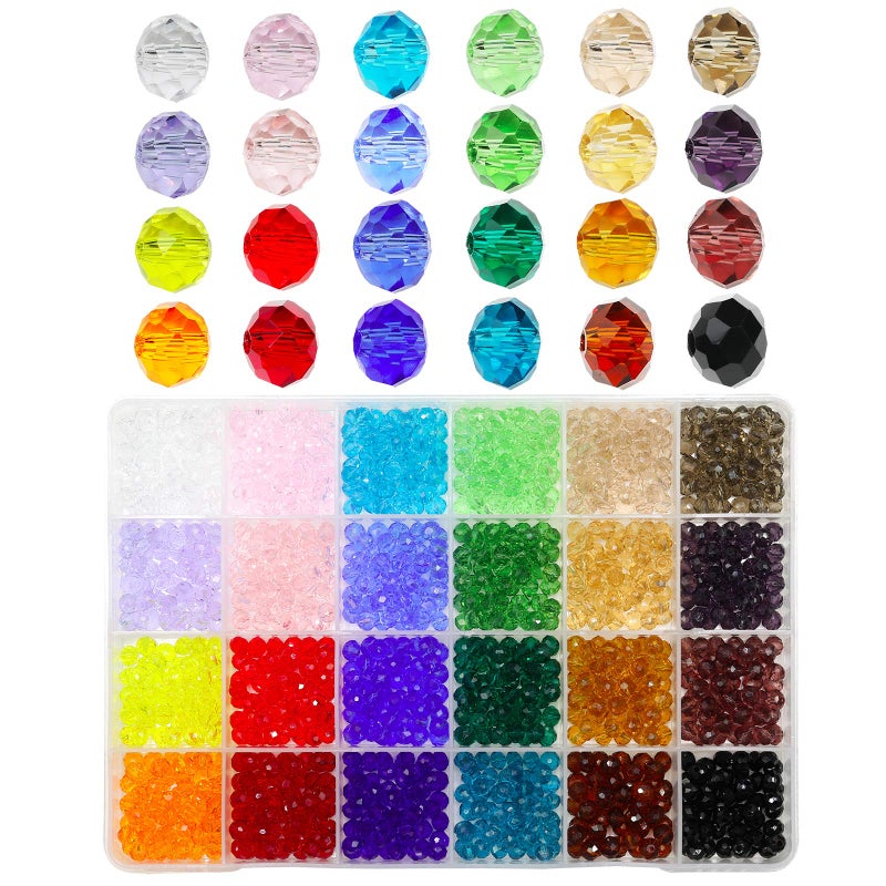 BalaFillic 6mm Briolette Glass Beads Faceted Rondelle Crystal Beads DIY Craft Beads for Bracelet Assorted 24 Colors with Container Box Total 1200pcs
