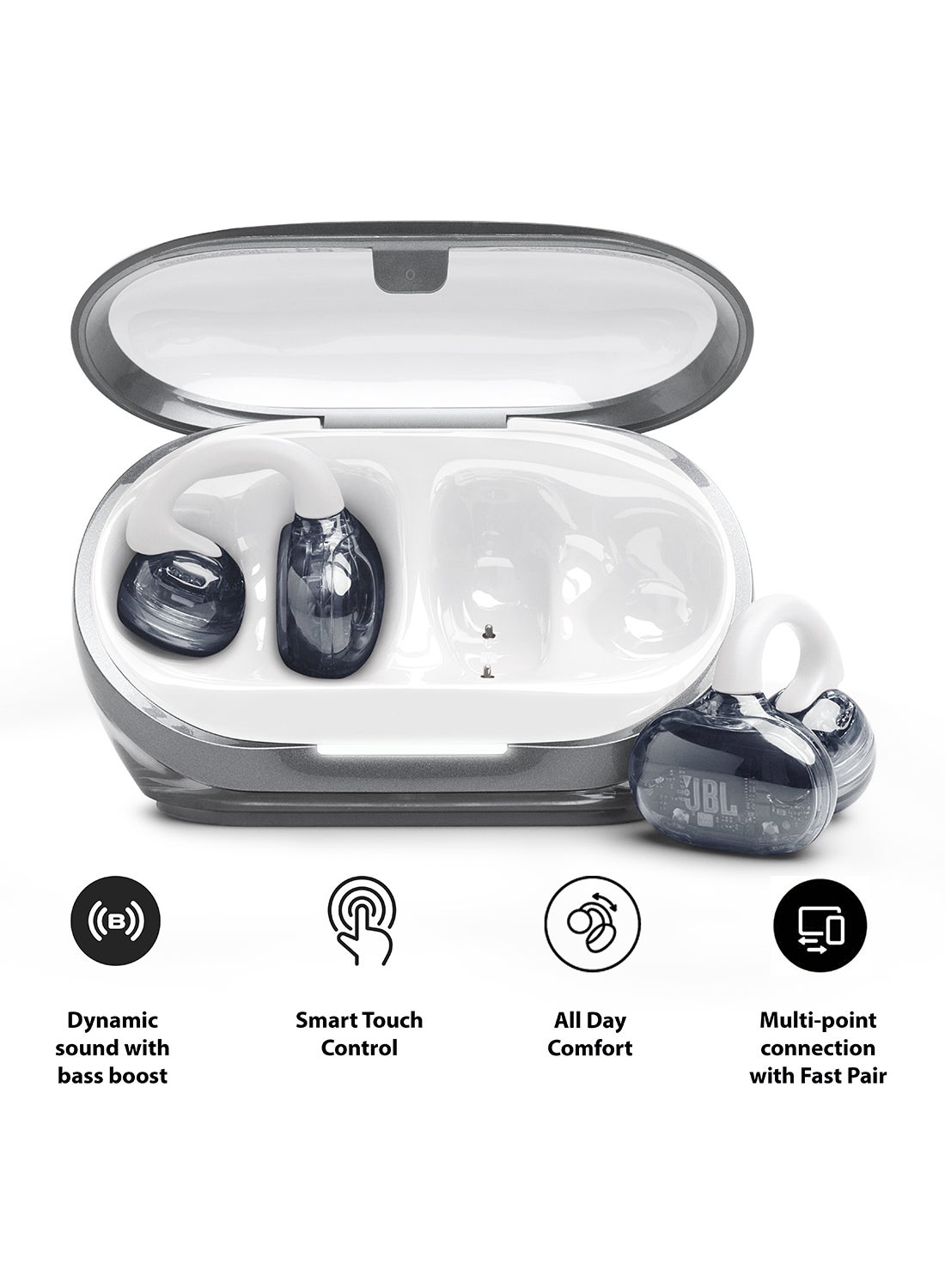JBL Soundgear Clips True Wireless Open-Ear Headphones, SonicArc Design, Up to 32 Hours Playtime, 4 Beamforming Microphones, IP54 Water and Dust Proof, JBL OpenSound Technology, Ghost White Ghost White